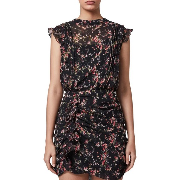 All Saints Hali Skit Floral Print Ruffle Black Mini Dress Size 0